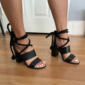 Ankle tie leather block heel thick strap